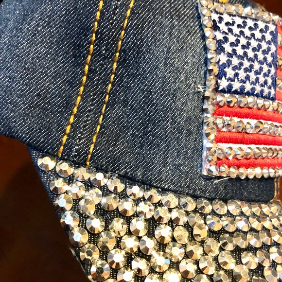 PATRIOTIC DENIM BASEBALL HAT CAP AMERICAN FLAG WITH RHINESTONES DIAMOND ACCENT - Picture 9 of 14